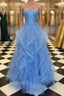 Blue Lace Tulle Long Prom Dress, Blue Lace Ball Gowns, Blue Lace Prom Dress