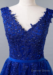 Blue Lace V-Neck A-Line Prom Dress With Beaded Lace Appliques & Belt