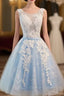 Blue Lace V Neck Homecoming Dresses