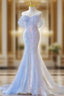 Blue Laser Sequin Beaded Mermaid Women Prom Dresses with Puff Sleeves Tassel Pearls Tulle Train Prom Gowns