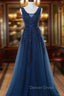 Blue Long A Line Bridesmaid Dress, Dark Blue Tulle Prom Dresses