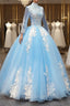 Blue Long Sleeves lace Tulle Sweet 16 Dress, Light Blue Ball Gowns Prom Dress