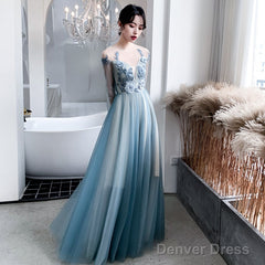 Blue Long Sleeves Tulle Party Dress With Lace Applique, Blue Evening Dress Prom Dresses
