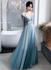 Blue Long Sleeves Tulle Party Dress With Lace Applique, Blue Evening Dress Prom Dresses