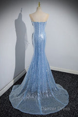 Blue Mermaid Sequin Sheer Straps Scalloped Long Prom Dresses