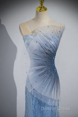 Blue Mermaid Sequin Sheer Straps Scalloped Long Prom Dresses