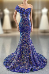 Blue Mermaid Sequins One Shoulder Ruffles Prom Dresses