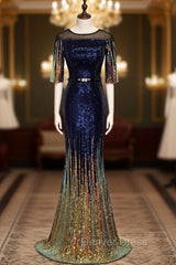 Blue Mermaid Sequins Short Sleeve Belt Prom Dresses