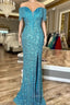 Blue Mermaid Sequins Straps Beading Split prom Dresses
