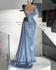 Blue Mermaid Sweetheart Satin Long Prom Dresses Beaded One Shoulder Formal Evening Dresses