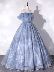 Blue Off Shoulder Ball Gown Floral Tulle Party Dress, Blue Sweet 16 Dress