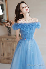 Blue Off Shoulder Beaded A-Line Floor Length Party Dress, Blue Evening Gown