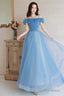 Blue Off Shoulder Beaded A-Line Floor Length Prom Dresses, Blue Prom Gowns