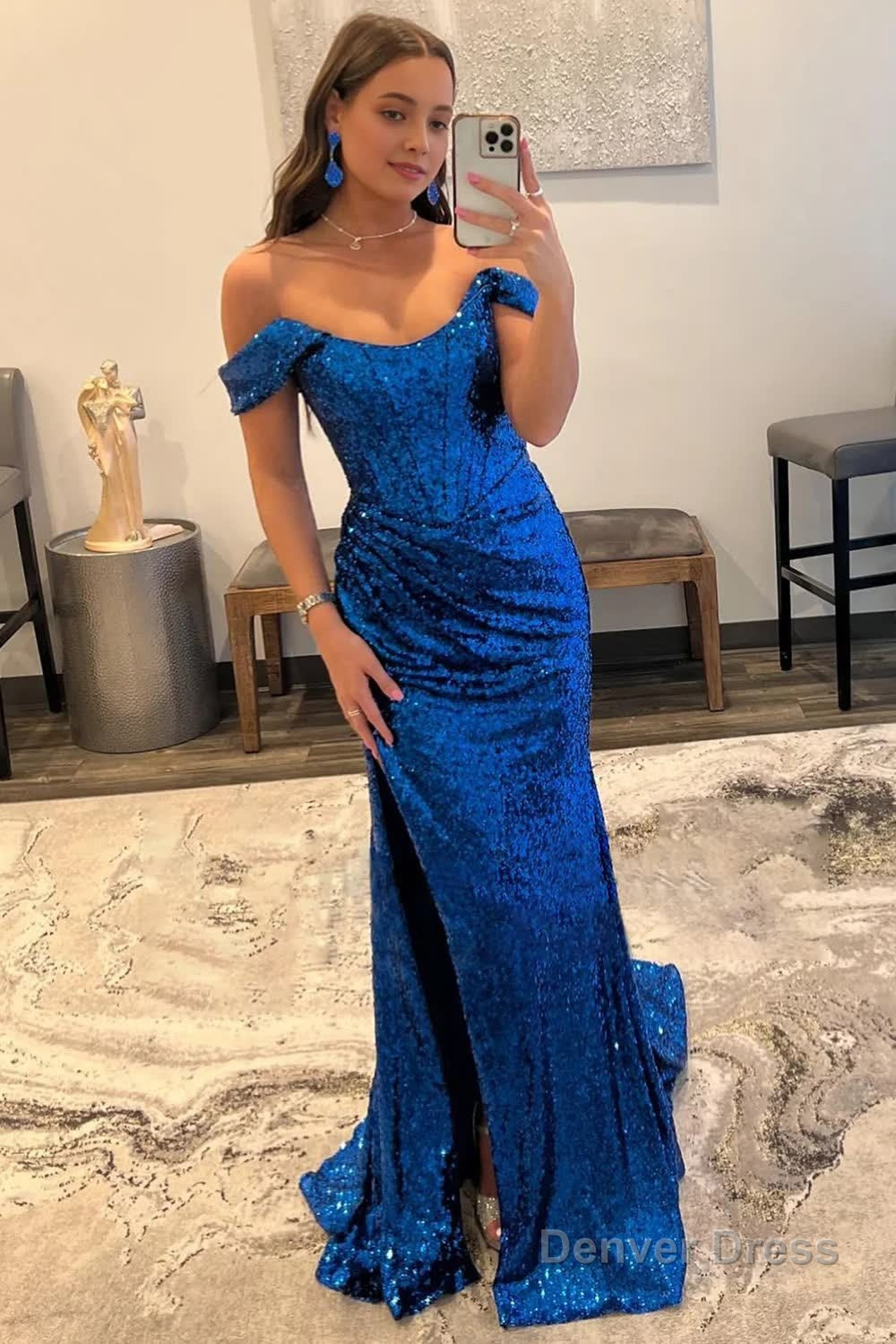 Blue Off Shoulder Mermaid Prom Dresses with Slit – Denver Dress