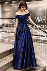 Blue Off Shoulder Prom Dress, Blue Satin Party Gown Prom Dress