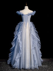 Blue Off Shoulder Tulle Sequin Beading Long Prom Dresses, Blue Formal Dresses