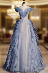 Blue Off Shoulder Tulle Sequin Beading Long Prom Dresses, Blue Formal Dresses