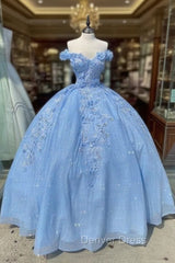 Blue Off The Shoulder Evening Gown, Long Prom Ball Gown Dresses