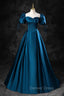 Blue Off the Shoulder Satin Floor Length Prom Dresses with Corset, Blue Evening Party Dresses