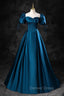 Blue Off the Shoulder Satin Floor Length Prom Dress with Corset, Blue Prom Dresses