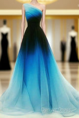 Blue Ombre One Shoulder Ruched Prom Dresses