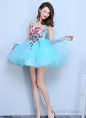 Blue Organza Mini Party Dress With Embroidery Homecoming Dress, Blue Short Dress