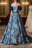 Blue Printed Long A Line Prom Dress, Blue Off the Shoulder Prom Dresses