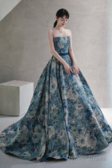 Blue Printed Strapless Ball Gown, A-Line Off The Shoulder Formal Dress