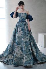 Blue Printed Strapless Ball Gown, A-Line Off The Shoulder Formal Dress
