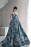 Blue Printed Strapless Ball Gowns, A-Line Off The Shoulder Prom Dresses
