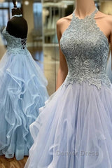 Baby Blue Prom Dresses A Line Halter Long Party Evening Dresses with Appliques Open Back