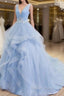 Blue Prom Dress V Neck Ball Gowns Sweep Train Prom Dresses, Sweet 16 Gowns