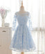 Blue Round Neck Lace Short Prom Dress, Blue Bridesmaid Dress, Homecoming Dresses