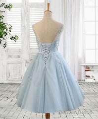 Blue Round Neck Tulle Beads Tulle Short Prom Dress, Blue Homecoming Dress