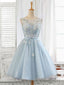 Blue Round Neck Tulle Beads Tulle Short Prom Dress, Blue Homecoming Dresses