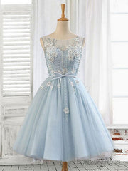 Blue Round Neck Tulle Beads Tulle Short Prom Dress, Blue Homecoming Dress