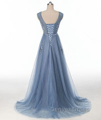 Blue round neck tulle lace applique long prom Dresses, blue evening Dresses