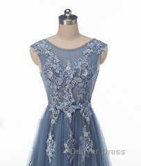 Blue round neck tulle lace applique long prom Dresses, blue evening Dresses