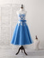 Blue Round Neck Tulle Lace Applique Tea Long Prom Dress, Bridesmaid Dresses