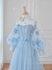 Blue Round Neck Tulle Lace Long Prom Dresses, Blue Tulle Evening Dresses