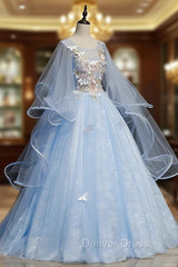 Blue Round Neck Tulle Lace Long Prom Dresses, Blue Sweet 16 Dresses