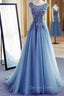 Blue Round Neckline Long Applique Elegant Senior Prom Dresses, Long Prom Gown