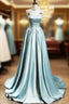 Blue Satin A Line Beaded Long Prom Dress Prom Dress, Blue Prom Dresses