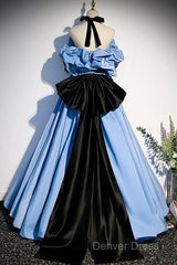 Blue Satin A-Line Long Prom Dresses With Black Bow, Off The Shoulder Blue Long Party Dresses