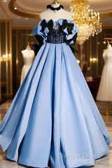 Blue Satin A-Line Long Prom Dresses With Black Bow, Off The Shoulder Blue Long Party Dresses