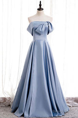 Blue Satin A-line Off-the-Shoulder Beaded Prom Dresses,evening party dress