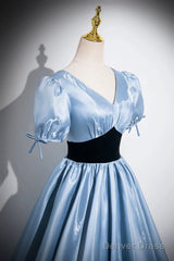 Blue Satin And Black Velvet Long Prom Dress, A-Line V-Neck Short Sleeve Evening Dress