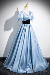 Blue Satin And Black Velvet Long Prom Dress, A-Line V-Neck Short Sleeve Evening Dress