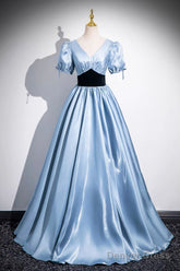 Blue Satin And Black Velvet Long Prom Dress, A-Line V-Neck Short Sleeve Evening Dress