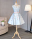 Blue Satin Applique Short Prom Dress, Blue Homecoming Dresses
